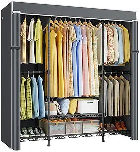 ULIFHOME E3C Black Clothes Rack with Gray Cover, Heavy Duty Freestanding Garment Rack, Metal Closet System Storage Organizer for Clothing, Holds up to 850 lbs, 59.5" W x 16.5" D x 77.4" H