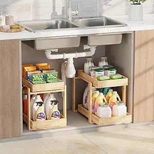 APRTAT 2 Pack Under Sink Organizer, Bamboo Wooden 2-Tier Pull-Out Storage with Sliding Drawers for Kitchen and Bathroom Cabinets, Easy Installation (Natural, 2 Packs)