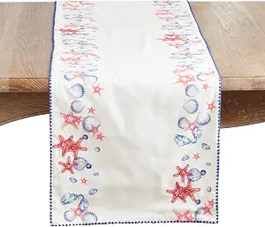 SARO LIFESTYLE Printed Coastal Shell & Starfish Table Runner Non-Reversible Cotton Table Runner for Dining Tables, 16"x72"