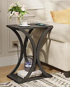 CHOEZON Black End Table with Charging Station, 2-Tier Narrow Side Table, Nightstand with Storage Shelf, for Small Spaces, for Living Room, Bedroom, Black TBZ20UBB