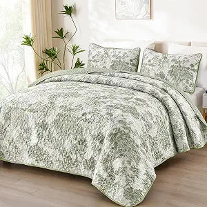WONGS BEDDING Sage Green Quilt Set Queen Size, Botanical Floral Bedspread