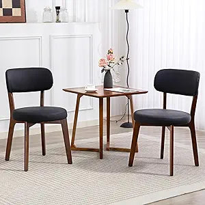 Yilaywain Mid-Century Modern Dining Chairs with Rubberwood Frame, Black Faux Leather Upholstered, 250 LBS Weight Capacity, Anti-Slip Protectors (Black)