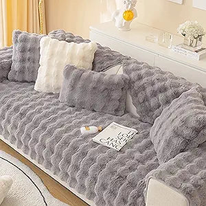 MERRYLIFE Thick Plush Faux Rabbit Fur Sofa Slipcovers 1-Piece Non-Slip Warm Soft Cozy Couch Covers Furniture Protector (Grey, Sofa Cushion 35"x82")