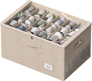 Shoe Organizer for Closet, Shoe Box Storage Containers Fit 18 Pairs Foldable Shoe Storage Bins with Clear Cover & Adjustable Dividers for Shoes Blankets Linen Clothing (Beige, (24.4*16.5*12.9)x1)
