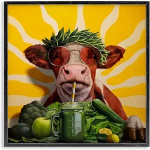 Cow with Healthy Smoothie Farmhouse, 12 x 12 Inch Framed Gicle Print