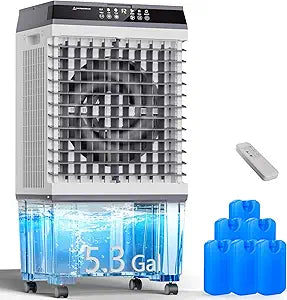 Uthfy Evaporative Air Cooler, 3-IN-1 Swamp Cooler with 5.3 Gallon Water Tank, 6 Ice Packs, Remote, 12H Timer, 120┬░Oscillation, Portable Cooling Fan with 3 Speeds for Bedroom Home Office Garage