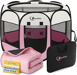 Siedihit Dog Cat Playpen, Puppy Pet Playpen Indoor for Dog Crate Tent Cage Outdoor, Portable Pop Up Dogs Enclosure Kennel with Carrying Case for Dogs/Cats/Rabbits (Pink with Pad, Medium)