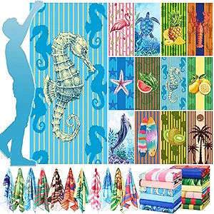 12 Pack 72 x 36 Inch Oversized Microfiber Beach Towel Bulk Extra Large Pool Towels Quick Dry Sand Free Lightweight Swim Blanket for Camping Beach Bath Shower Travel Spa(Tropical Style)