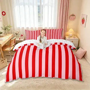 Manfei Red Pink Stripes Kids Duvet Cover Set Queen Size,Retro Abstract Aesthetic Bedding Set,Striped Modern Geometric Lines Room Decor,Simple Classic Quilt Cover,2 Pillowcases(No Comforter)