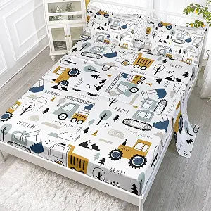 Woodland Construction Sheets Set 4Pcs for Kids,Cartoon Excavator Truck Lifter Print Sheet Set with 1 Flat Sheet and 1 Fitted Sheet + 2 Pillowcases(Woodland Construction Twin)