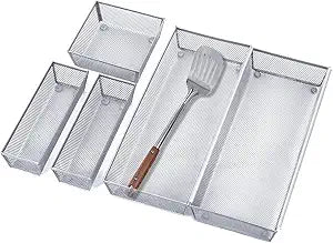 Neudeco Silverware Drawer Organizer,Utensil Organizer for Kitchen Drawer Organizer for Large Utensils with Interlocking Arm, Silverware Storage Cutlery Tray for Knives Fork Spoon (Pack 5, Silver)