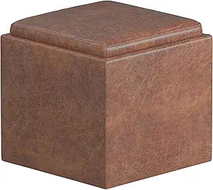 SIMPLIHOME Rockwood Cube Storage Ottoman with Tray - 17" Wide x 17" High Upholstered Vegan Leather Square Storage Ottoman in Distressed Saddle Brown, Contemporary Cube Ottoman with Serving Tray