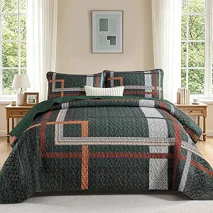 WONGS BEDDING Boho Quilt Set Queen Size, Green Patchwork Stripe Bedspread