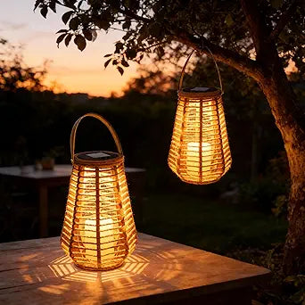 2 Pack Solar Lanterns Outdoor Waterproof, Vase-Shaped Solar Lantern with Handle, Hand-Wound Rope Outdoor Lantern Dusk to Dawn 6-8Hr, Hanging & Tabletop Decor for Garden/Patio