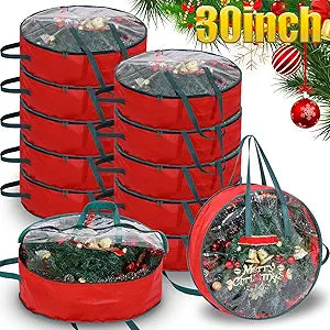Shappy 12 Pcs Red Wreath Storage Bag Clear Wreath Box Storage Containers with Clear Window and Handle Garland Containers for Holiday Seasonal Bags