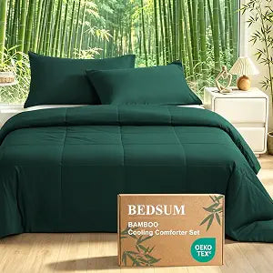 BEDSUM Queen Cooling Comforter Set, 3-Pc, Rayon Derived from Bamboo, Green