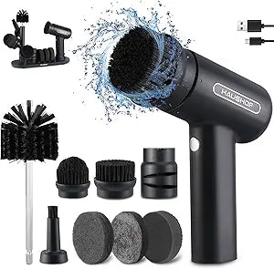 HAUSHOF Electric Spin Scrubber, Cordless Dish Scrubber Brush with 8 Replaceable Heads & 3 Speeds, Power Scrubber Electric Scrubber for Cleaning Kitchen, Sink, Bathroom, Knife Sharpener Included