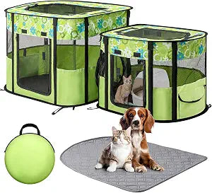 Portable Cat Playpen with Separate Areas, Foldable Indoor Outdoor Cat Enclosure, Portable Pet Tent for Kittens and Small Animals, Collapsible Tent Kennel Cage House with Tent Pegs and Carry Bag