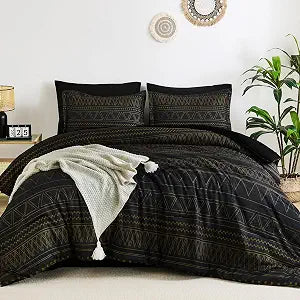 WONGS BEDDING King Size Comforter Set, Black Gold Geometric Striped