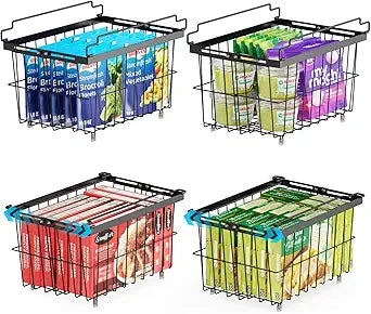 iSPECLE Freezer Organizer Bins - 4 Pack Adjustable Width for 5 to 7 Cu.Ft Chest Freezers, Stackable Freezer Wire Storage Baskets for Deep Freezer Organization, Assembly Required, Black