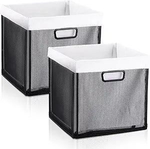 2 Pack Foldable Metal Cube Storage Baskets with Liners 13x13 Inch Wire Cube Storage Baskets Organizer with Handles for Shelves Bathroom Pantry Dorms Cabinets Laundry Bedroom