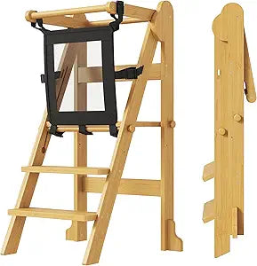 PETKABOO Toddler Kitchen Helper Stool Montessori Standing Tower with Safety Net, Adjustable Height & Foldable for Space Saving for Learning & Cooking,Ages 18 Months6 Years, Bamboo