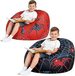 Boao 2 Pcs 27'' Spider Bean Bag Chair Cover for Kids (No Filling) Washable Stuffed Animal Storage Beanbag Chair Canvas Bean Bag Cover with Zipper for Organizing Plush Toys or Textile, Sack Beanbag