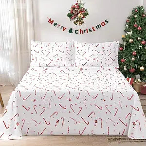 Dinjoy Christmas Sheets Set Queen Size, Red Christmas Candy Cane, 4 Pieces