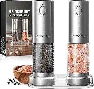 ThermoMaven Upgraded Larger Capacity Electric Salt and Pepper Grinder Set, 110ml Rechargeable Salt and Pepper Shaker with LED Light, Stainless Steel Automatic Pepper Mill with 6 Adjustable Coarseness