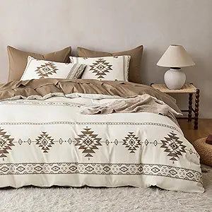 Wake In Cloud - Western Comforter Set, Boho Southwestern Farmhouse Style with Aztec Diamond Geometric Pattern, Soft Lightweight Bedding, 3 Pieces, Beige Brown, Queen Size