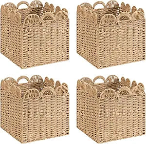 Set of 4 Scalloped Wicker Storage Cubes Basket,12"x12"x12" Heavy Duty Paper rope Baskets for Shelves,Bathroom, Bedroom, Laundry, Pantry (Khaki&13 x 13x 13in&4-Pack)