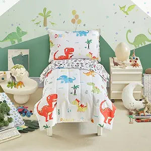 Dinosaur Toddler Bedding Set for Boys Girls 4 Pieces Toddler Bed Set - Ultra Soft Cartoon Cute Orange Yellow Blue Green Dinos - Comforter Fitted Sheet Flat Sheet Pillowcase White