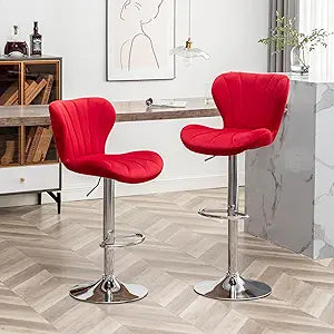 Roundhill Furniture Ellston Velvet Adjustable Swivel Barstools in Red, Set of 2