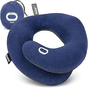BCOZZY Travel Neck Pillow for Airplane Patented Double Support for Head, Neck, and Chin. Best for Long Flights, Plane Sleeping, and Car Rides. Adjustable Size. Fully Washable. Carry Bag. Large, Navy