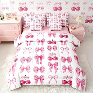 Feelyou Pink Cute Cherry Bow Comforter Set with Sheets 7 Piece Queen Size
