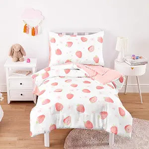 Wake In Cloud - Toddler Bedding Set for Girls, Cute Strawberry Heart Flower, 4 Pieces Soft Crib Bed Set Including Comforter, Sheets and Pillowcase, Pink White