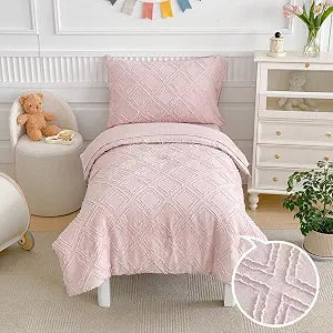 4 Pieces Tufted Toddler Bedding Set Light Pink Jacquard Tufts, Soft and Embroidery Shabby Chic Boho Bohemian Design for Baby Girls, Includes Comforter, Flat Sheet, Fitted Sheet and Pillowcase