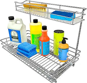 LYNK PROFESSIONAL Pull Out Under Sink Kitchen Cabinet Organizer - 11.5 in. x 21 inch deep Drawer - Sliding Shelf Organizer for Cabinets and Undersink Storage Shelves - Lifetime Ltd. Warranty Chrome