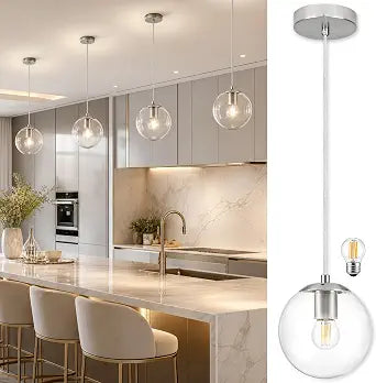 KoKo&Yukina 6" Nickel Modern Glass Globe Pendant Lights for Kitchen Island Mid Century Brushed Nickel Clear Glass Pendant Light Fixtures Hanging Pendant Lighting for Dining Room Bedroom Bulb Incl.