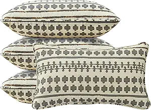 4 Pack Outdoor Water Repellent Throw Pillows 20x12 Inch with Insert, Decorative Square Patio Pillows for Home Garden Couch Balcony, Grid Weave