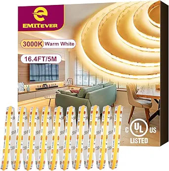 EMITEVER 24V COB LED Strip Lights 3000K,16.4ft 2400LEDs,UL Listed