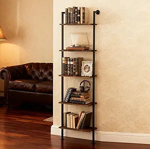 Acovy 5-Tier Bookshelf Solid Wood Ladder Shelf, Narrow Book Shelf Display Shelf, Wooden Bookcase, Wall Mount Ladder Shelf, Storage Rack for Living Room, Bedroom, Industrial Style, Dark Brown