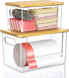 Trash Bag Dispenser 2 Pack, Stackable Trash Bag Holder with Bamboo Lid Clear Plastic Garbage Bag Organizer for 4-33 Gal Bags, Space-Saving Under Sink Organizer for Kitchen, Laundry, Pantry