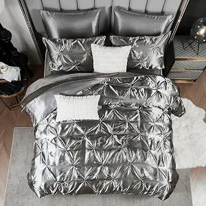 Bedbay Grey Satin Comforter Set Queen Size10 Pcs, Bed in a Bag Queen, Pinch Pleat Bedding Set, Home Decor, Pintuck Luxury Soft Silky Down Alternative for All Seasons