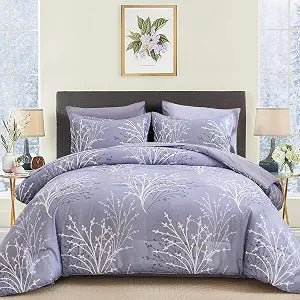 DJY Purple Comforter Set Queen Branch Botanical Pattern Bed in a Bag