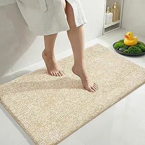 Yimobra Cushioned Anti-Fatigue Bathroom Rug, Bath Mat Non Slip Washable, Dense Soft Microfiber for Bathroom Sink, Shower, Tired Feet Comfort, Absorbent, 36" X 24", Light Beige and White
