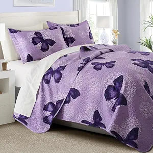 ARTALL 2-Piece Butterfly Printed Quilt Set Soft Microfiber Lightweight Bedspread Coverlet Throw Blanket with 1 Pillow Sham All Season for Adults Teens Girls, Purple, Twin