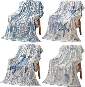 Frienda 4 Pcs Nautical Coastal Throw Blanket Beach Soft Lightweight Fleece Ocean Themed Starfish Seashell Coral Sea Turtle Seahorse Pattern Cozy Flannel Blanket Gift Sofa Couch Bed Room Decor 50x60