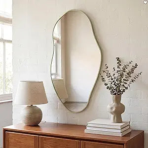 JONATHAN Y Everly 20" x 42" Sage Green Irregular Asymmetrical Wall Mirror Large Wavy Decorative Framed Modern for Bathroom Bedroom Living Room Entryway MIR200C