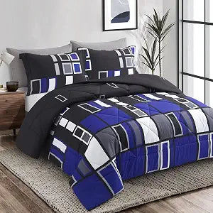ARTALL Microfiber 2 Pieces Comforter Set Blue Gray Black Plaid Pattern Lightweight Bedding Set, Twin Size with 1 Sham